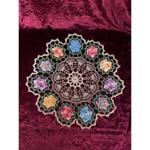 Vintage Crochet Lace Doily Multicolor Wreath Roses Floral Appliqué Centerpiece